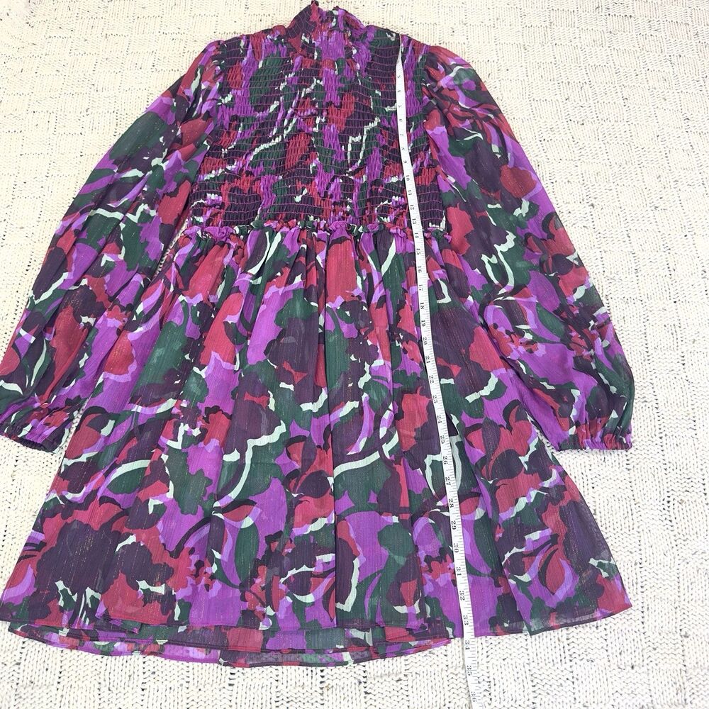 MISA Los Angeles Jessa Dress S Pink Purple Floral Lurex Smocked Mini Mock Neck - Picture 9 of 10